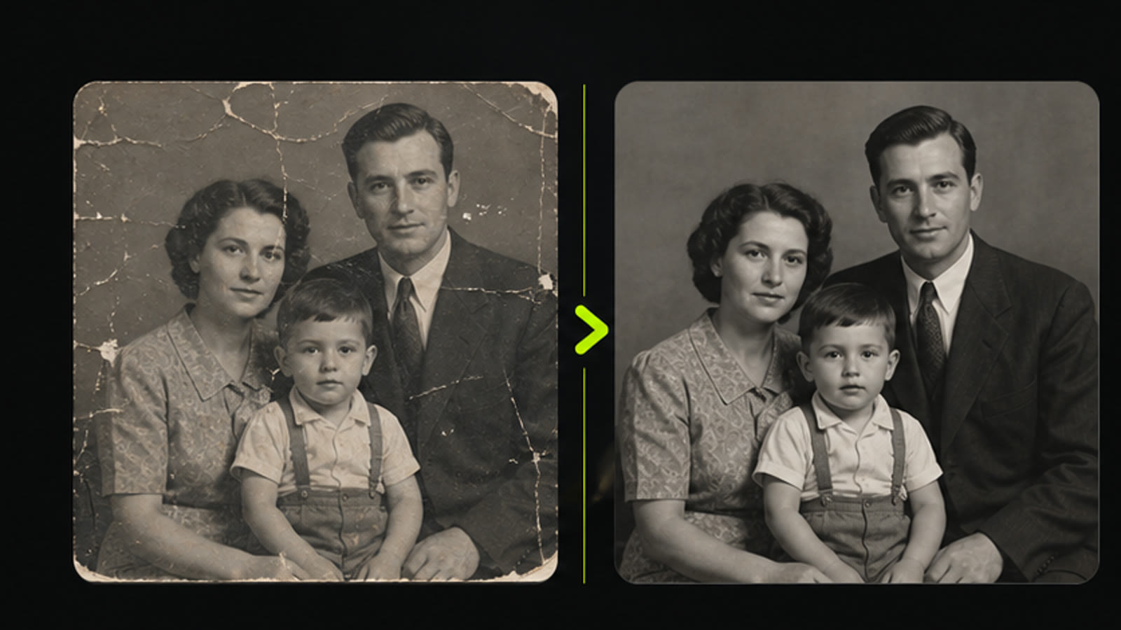 AI image restoration old photo cleanup before and after example